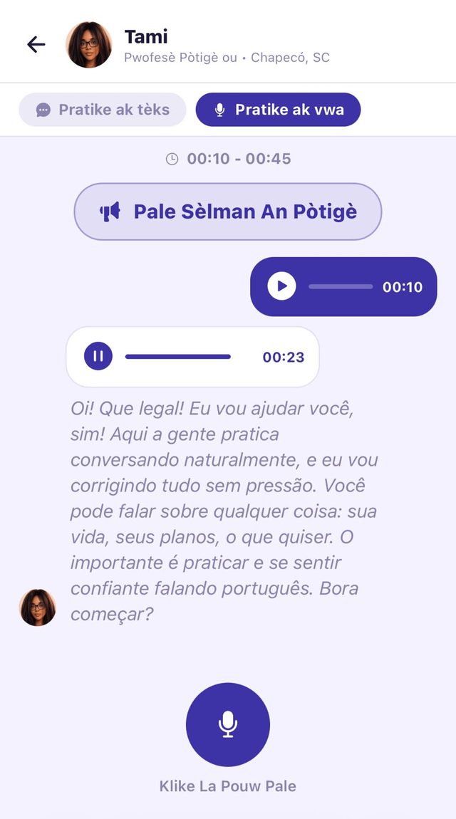 Konvèsasyon vwa ak Tami nan app AYZI